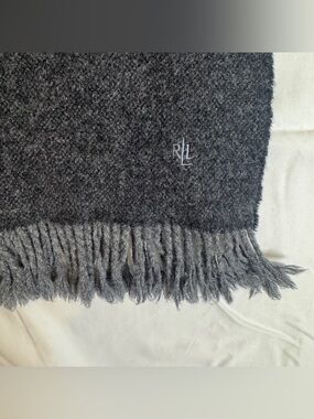 Ralph Lauren Dark Gray Fringed Wool Scarf with RL Monogram